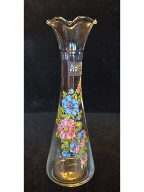 Vintage Viking Glass Fluted Bud Vase w/ Ruffle Rim, Floral Design